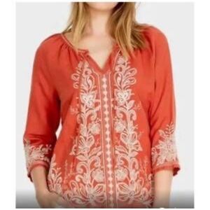 JOHNNY WAS Split Neck Linen Top Shirt Blouse Embroidered M